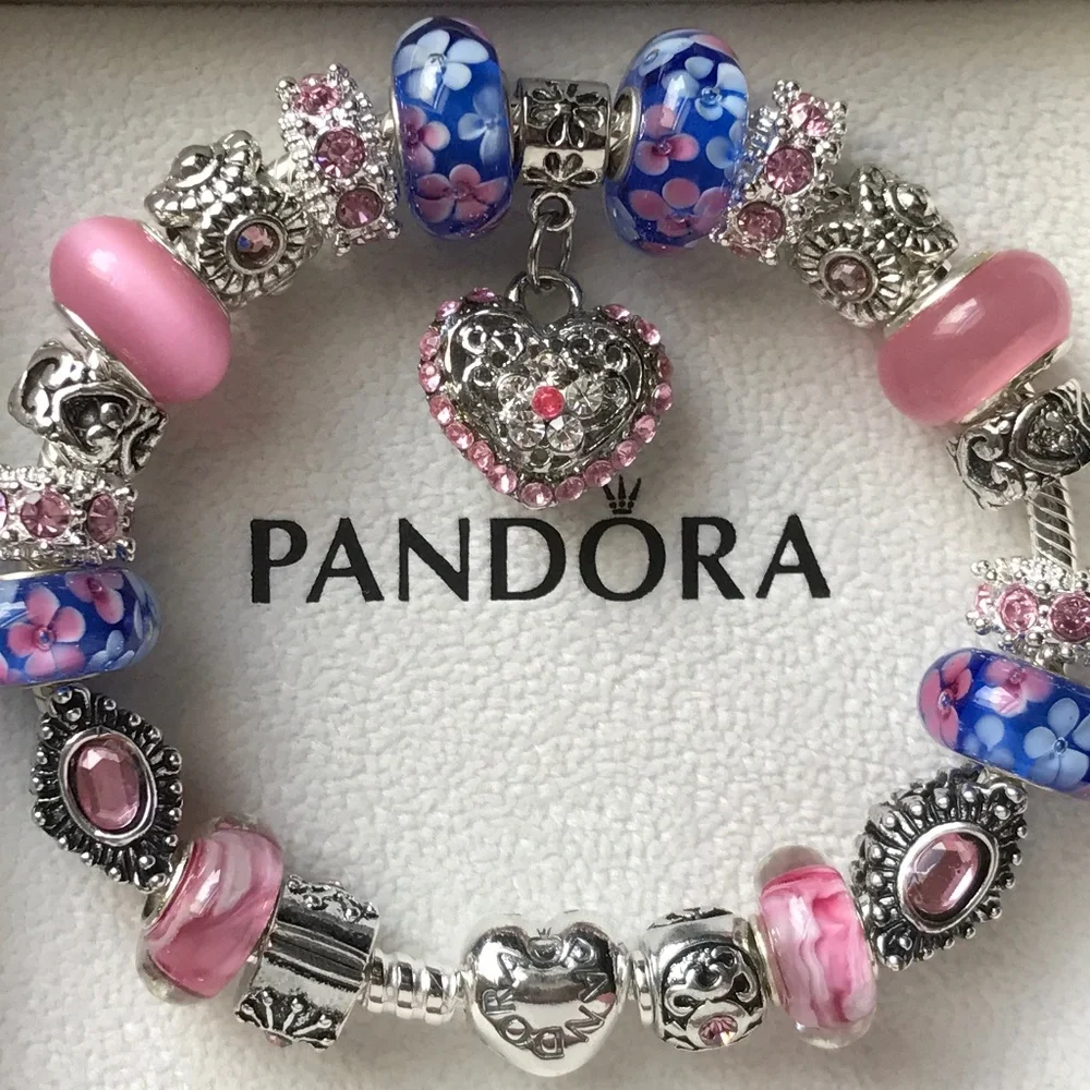 Authentic PANDORA Heart Clasp S925 Silver Bracelet with Murano Glass Beads 7.9" - Picture 11 of 16